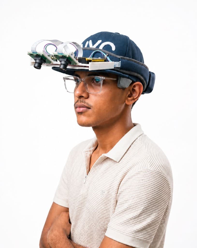 Operator wearing the prototype Akai EgoStack rig on a baseball cap