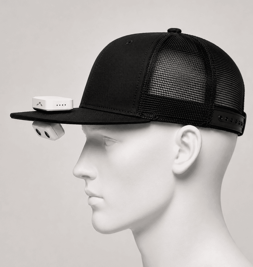 Mannequin wearing the AkaiEgo V2 cap-mounted stereo capture rig
